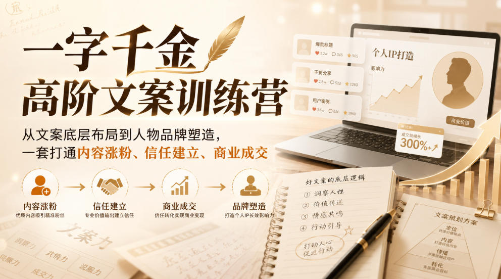 一字千金高阶文案训练营,从文案底层布局到人物品牌塑造,一套打通内容涨粉、信任建立、商业成交-聚业