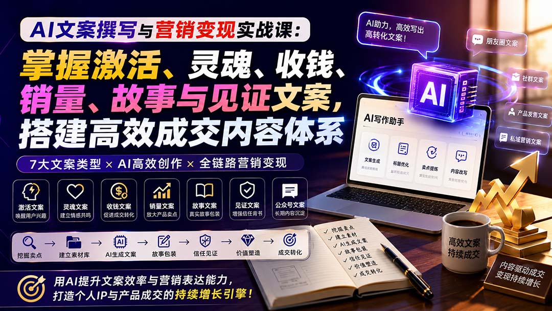 AI文案撰写与营销变现实战课:掌握激活、灵魂、收钱、销量、故事与见证文案,搭建高效成交内容体系-聚业