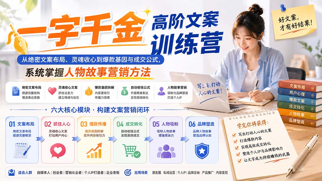 一字千金高阶文案训练营:从绝密文案布局、灵魂收心到爆款基因与成交公式,系统掌握人物故事营销方法-聚业