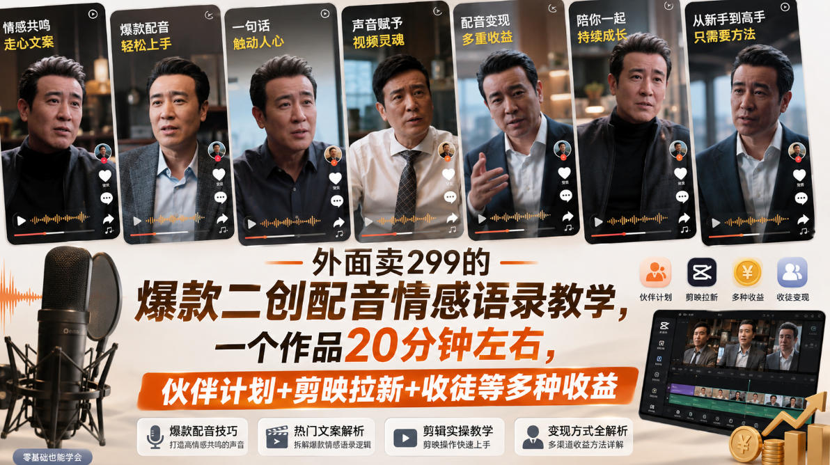 外面卖299的爆款二创配音情感语录教学,一个作品20分钟左右,伙伴计划+剪映拉新+收徒等多种收益-聚业