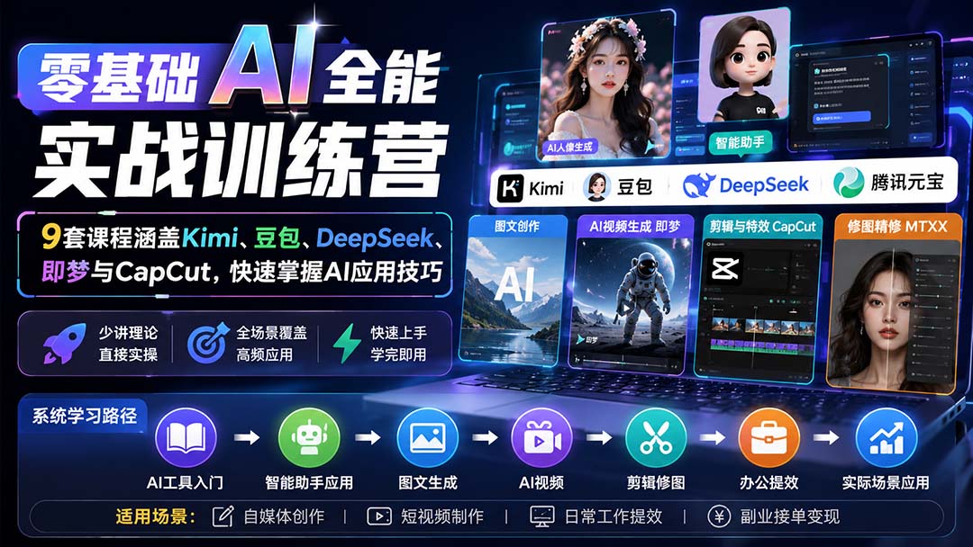 零基础AI全能实战训练营:9套课程涵盖Kimi、豆包、DeepSeek、即梦与CapCut,快速掌握AI应用技巧-聚业
