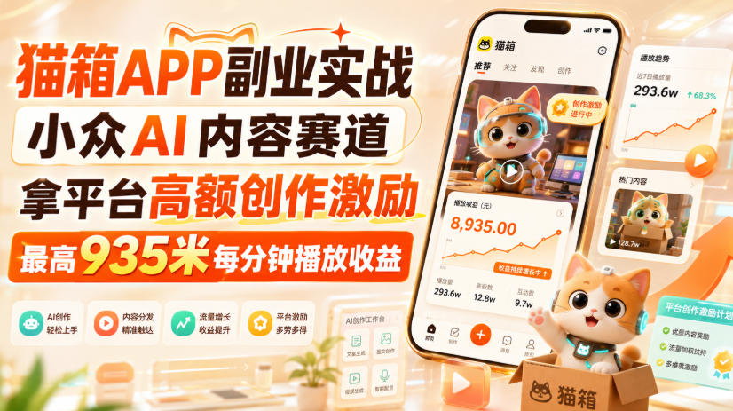 猫箱APP副业实战,小众AI内容赛道,拿平台高额创作激励,最高935米每分钟播放收益-聚业
