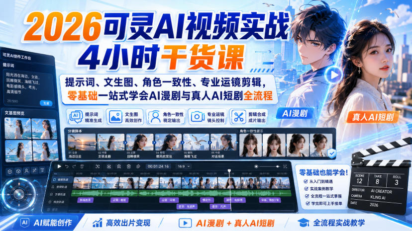 2026可灵AI视频实战4小时干货课|提示词、文生图、角色一致性、专业运镜剪辑,零基础一站式学会AI漫剧与真人AI短剧全流程-聚业