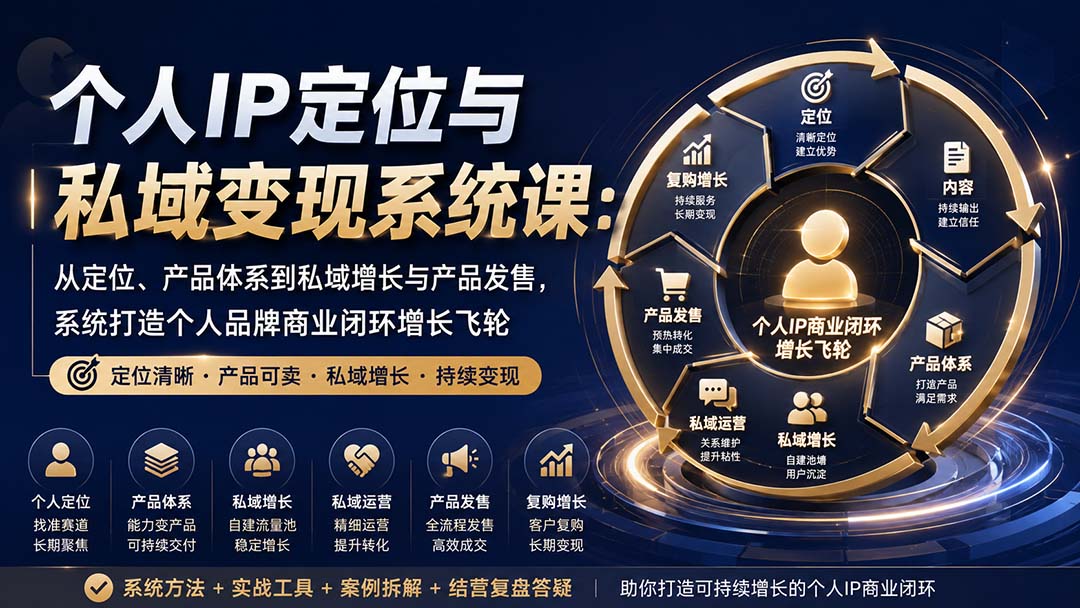个人IP定位与私域变现系统课:从定位、产品体系到私域增长与产品发售,系统打造个人品牌商业闭环增长飞轮-聚业