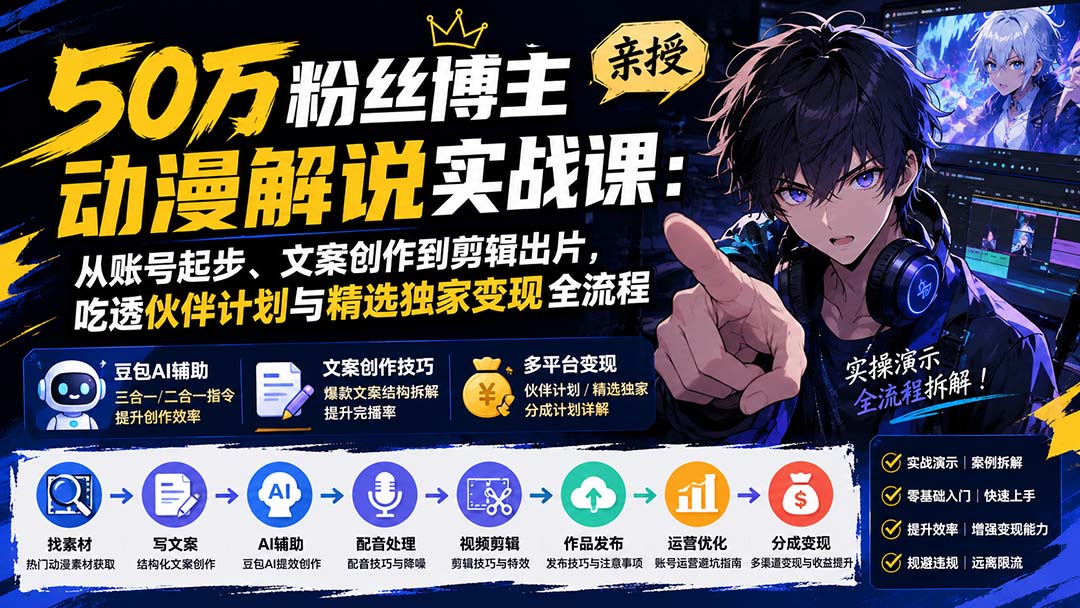 50万粉丝博主亲授动漫解说实战课:从账号起步、文案创作到剪辑出片,吃透伙伴计划与精选独家变现全流程-聚业
