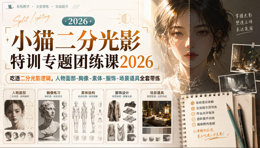 小猫二分光影特训专题团练课2026|吃透二分光影逻辑,人物面部‑胸像‑素体‑服饰‑场景道具全套带练,高清画质附赠课件与笔刷-聚业
