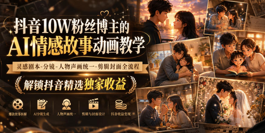 抖音10W粉丝博主的AI情感故事动画教学,灵感剧本‑分镜‑人物声画统一‑剪辑封面全流程,解锁抖音精选独家收益-聚业