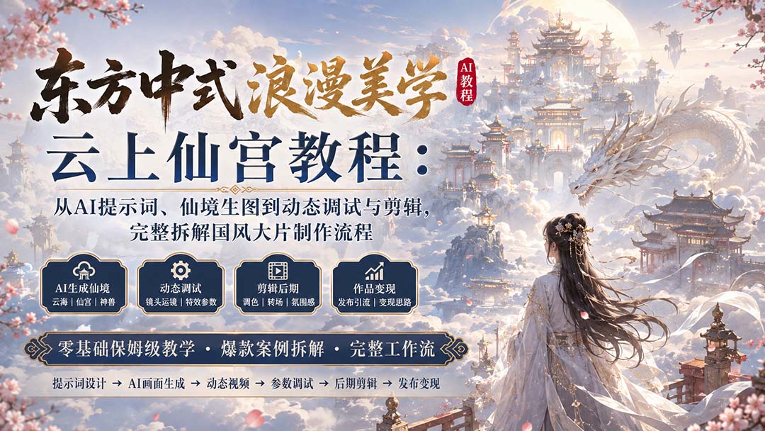 东方中式浪漫美学云上仙宫教程:从AI提示词、仙境生图到动态调试与剪辑,完整拆解国风大片制作流程-聚业