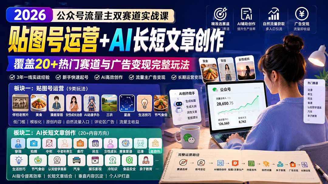 公众号流量主双赛道实战课:贴图号运营+AI长短文章创作,覆盖20+热门赛道与广告变现完整玩法-聚业