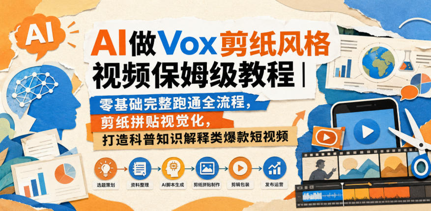 AI做Vox剪纸风格视频保姆级教程|零基础完整跑通全流程,剪纸拼贴视觉化,打造科普知识解释类爆款短视频-聚业