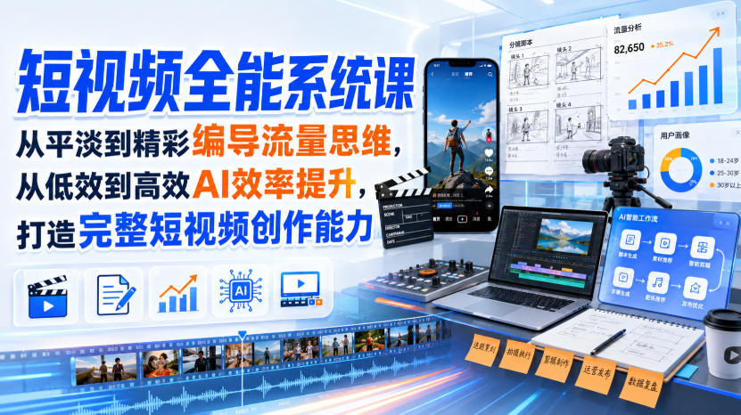 短视频全能系统课,从平淡到精彩编导流量思维,从低效到高效AI效率提升,打造完整短视频创作能力(2026年8月30更新233集)-聚业