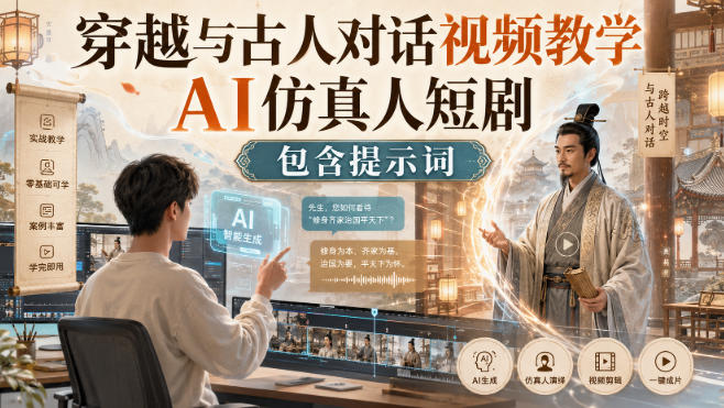 穿越与古人对话视频教学,AI仿真人短剧,包含提示词-聚业