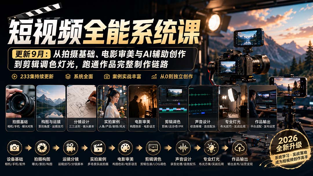 短视频全能系统课-更新8月233集:从拍摄基础、电影审美与AI辅助创作到剪辑调色灯光,跑通作品完整制作链路-聚业
