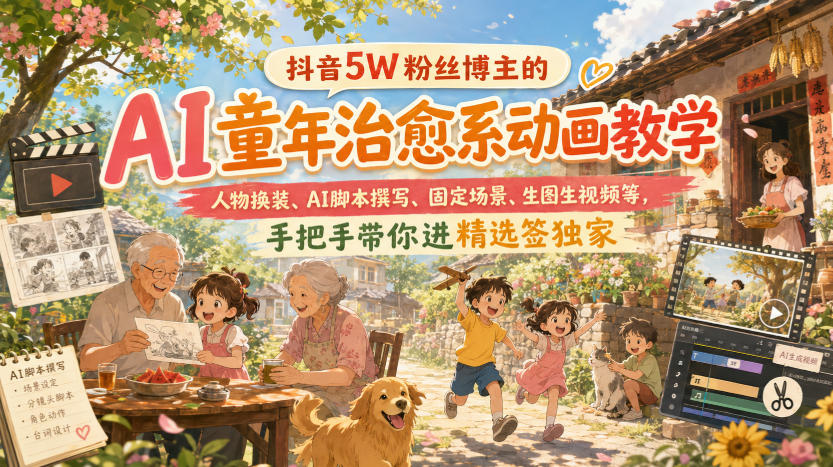抖音5W粉丝博主的AI童年治愈系动画教学,人物换装、AI脚本撰写、固定场景、生图生视频等,手把手带你进精选签独家-聚业