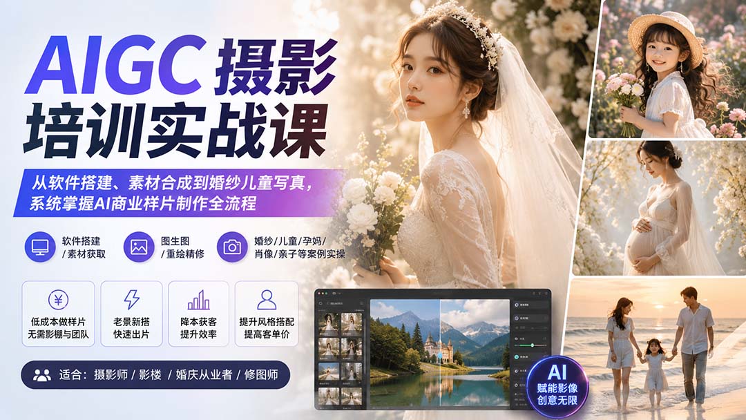 AIGC摄影培训实战课:从软件搭建、素材合成到婚纱儿童写真,系统掌握AI商业样片制作全流程-聚业