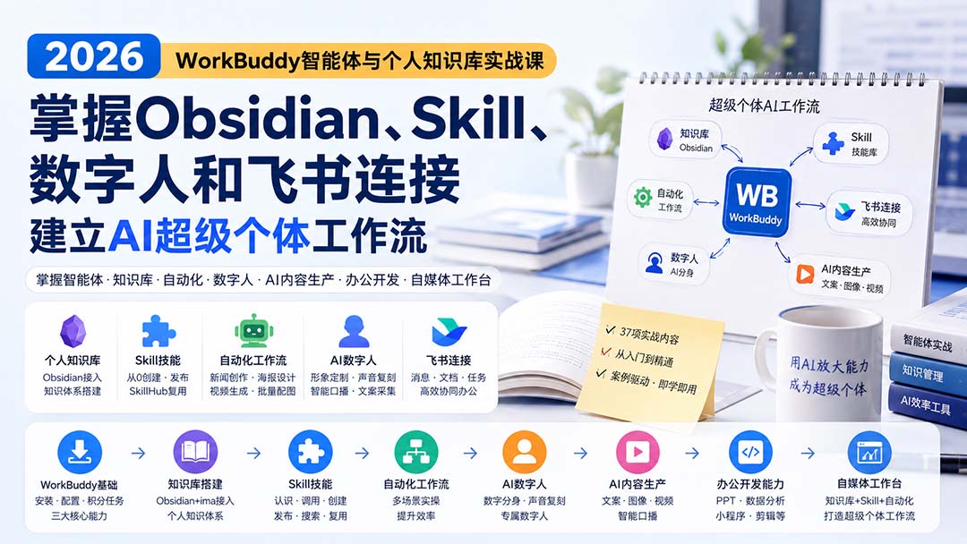2026 WorkBuddy智能体与个人知识库实战课:掌握Obsidian、Skill、数字人和飞书连接,建立AI超级个体工作流-聚业
