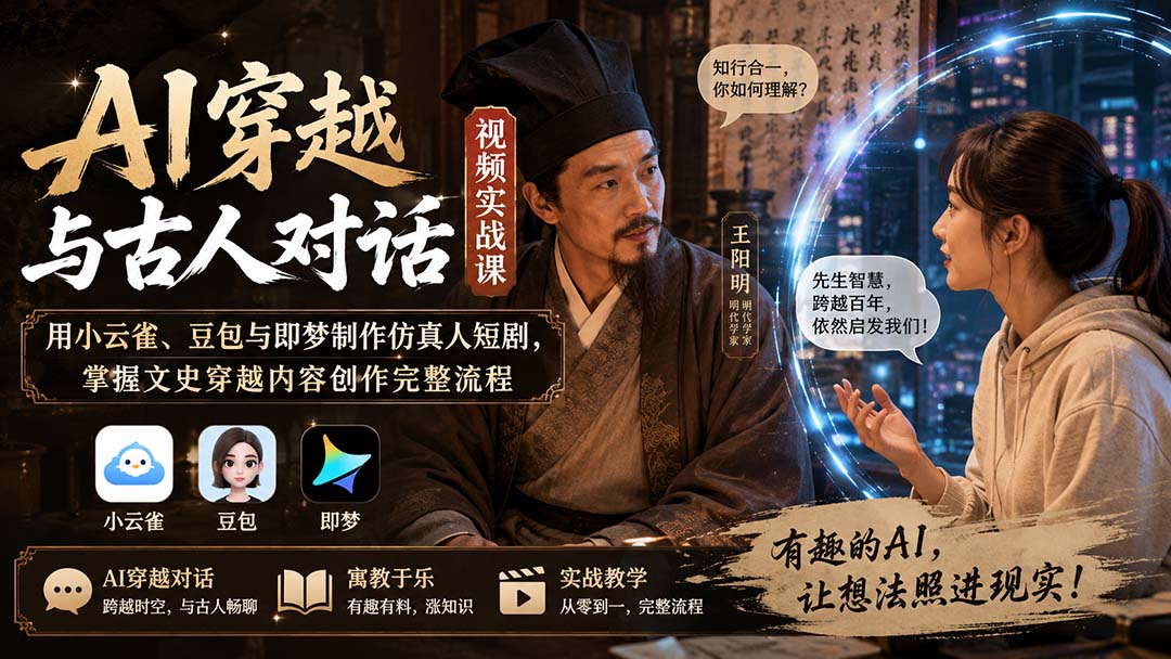 AI穿越与古人对话视频实战课:用小云雀、豆包与即梦制作仿真人短剧,掌握文史穿越内容创作完整流程-聚业