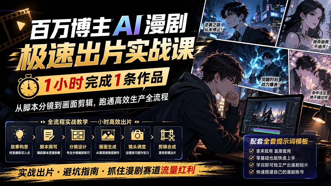 百万博主AI漫剧极速出片实战课:1小时产出条作品,从脚本分镜到画面剪辑,跑通高效生产全流程-聚业