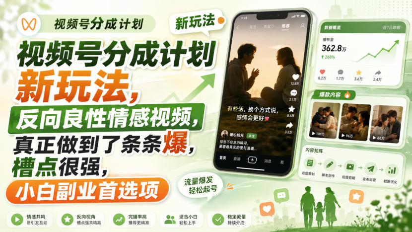 视频号分成计划新玩法,反向良性情感视频,真正做到了条条爆,槽点很强,小白副业首选项-聚业