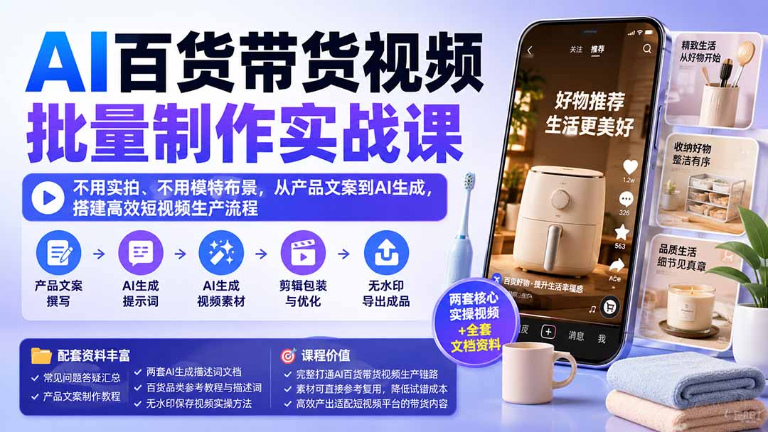 AI百货带货视频批量制作实战课：不用实拍、不用模特布景，从产品文案到AI生成，搭建高效短视频生产流程-聚业