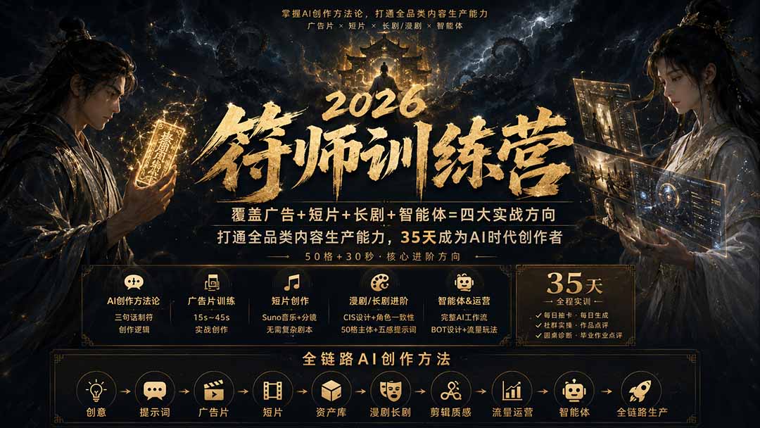 符师训练营-35天成为AI时代创作者，广告+短片+漫剧+智能体四大实战方向，掌握从创意到上线的完整工作流-聚业