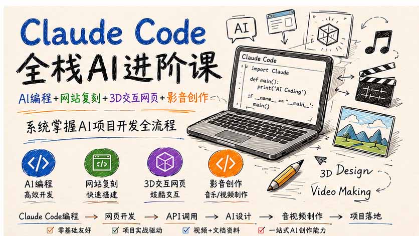 Claude Code全栈AI进阶课-更新；AI编程+网站复刻+3D交互网页+影音创作，系统掌握AI项目开发全流程-聚业