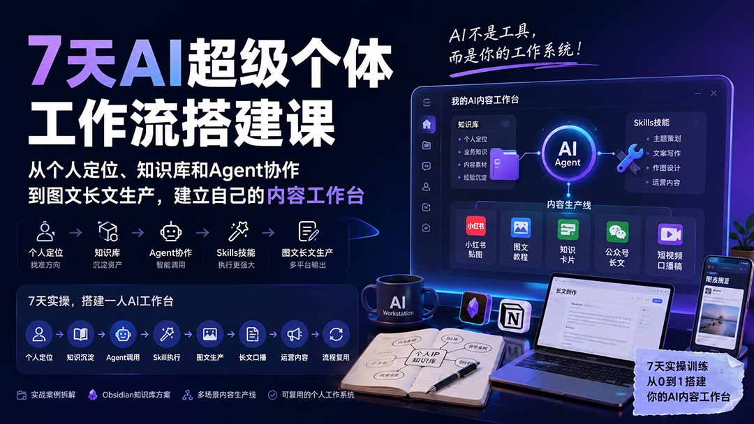 7天AI超级个体工作流搭建课：从个人定位、知识库和Agent协作到图文长文生产，建立自己的内容工作台-聚业