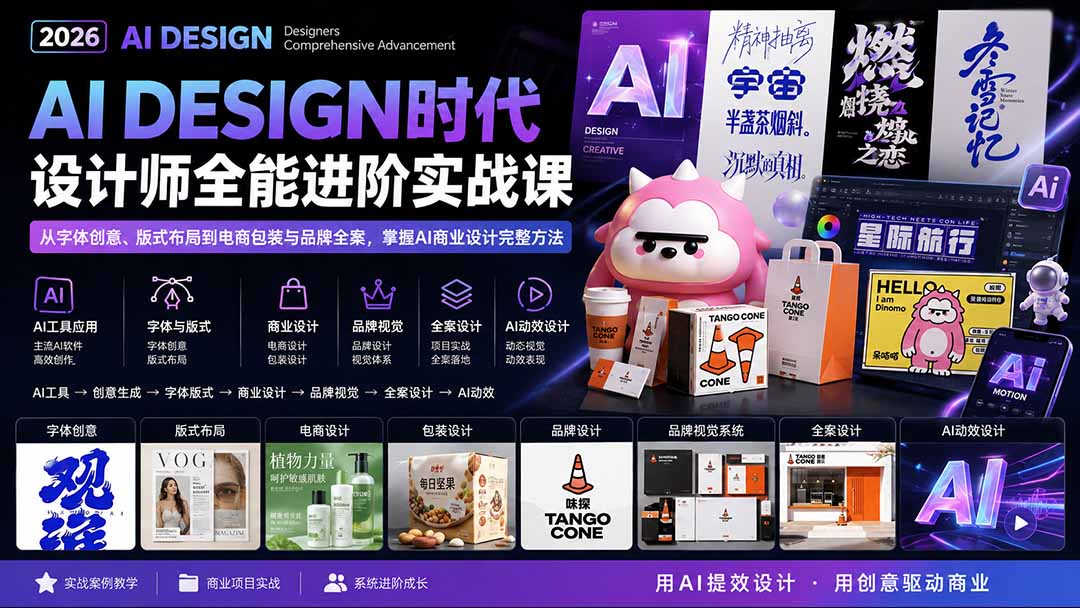 2026AI DESIGN时代设计师全能进阶实战课:从字体创意、版式布局到电商包装与品牌全案,掌握AI商业设计完整方法-聚业