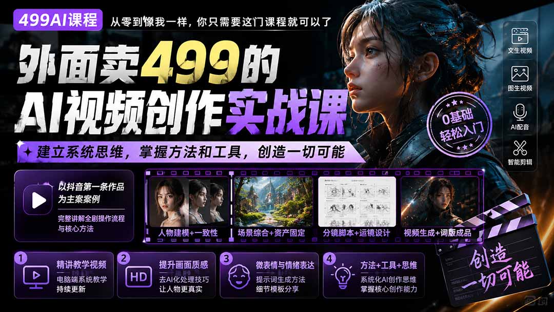 外面卖499的AI视频创作实战课:建立系统思维,掌握方法和工具,创造一切可能。-聚业