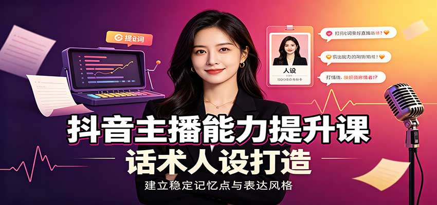 抖音主播能力提升课:账号底层逻辑,直播间搭建调试,话术人设打造全套教学-聚业