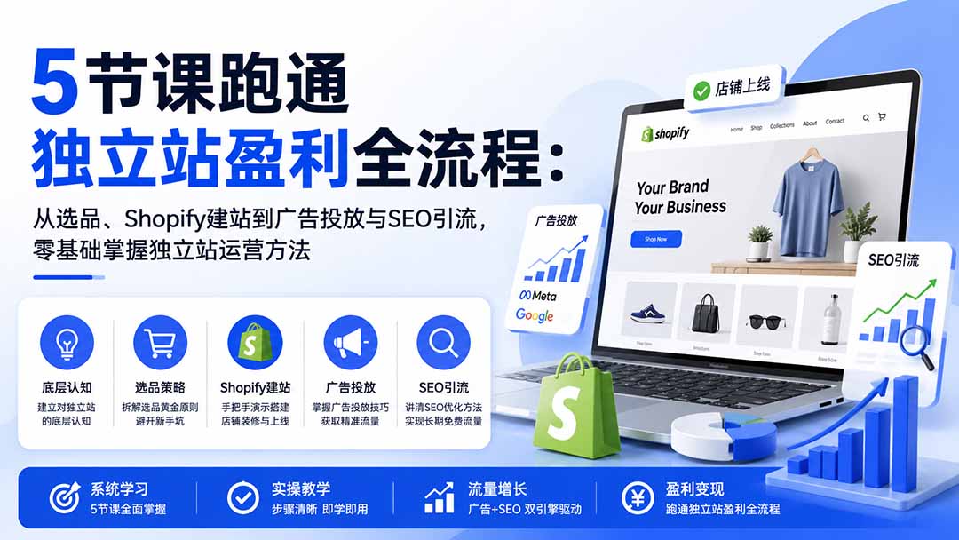 5节课跑通独立站盈利全流程:从选品、Shopify建站到广告投放与SEO引流,零基础掌握独立站运营方法-聚业