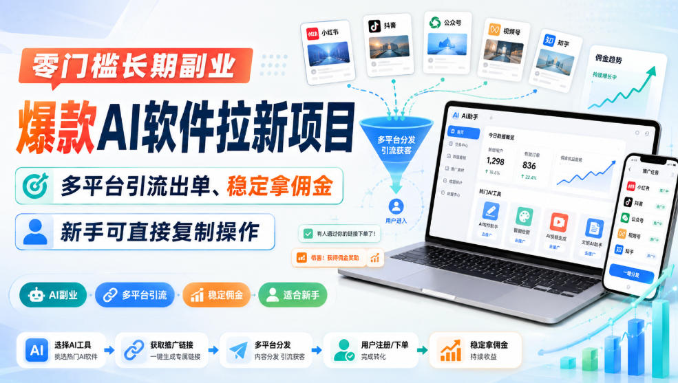 零门槛长期副业,爆款AI软件拉新项目,多平台引流出单、稳定拿佣金,新手可直接复制操作-聚业