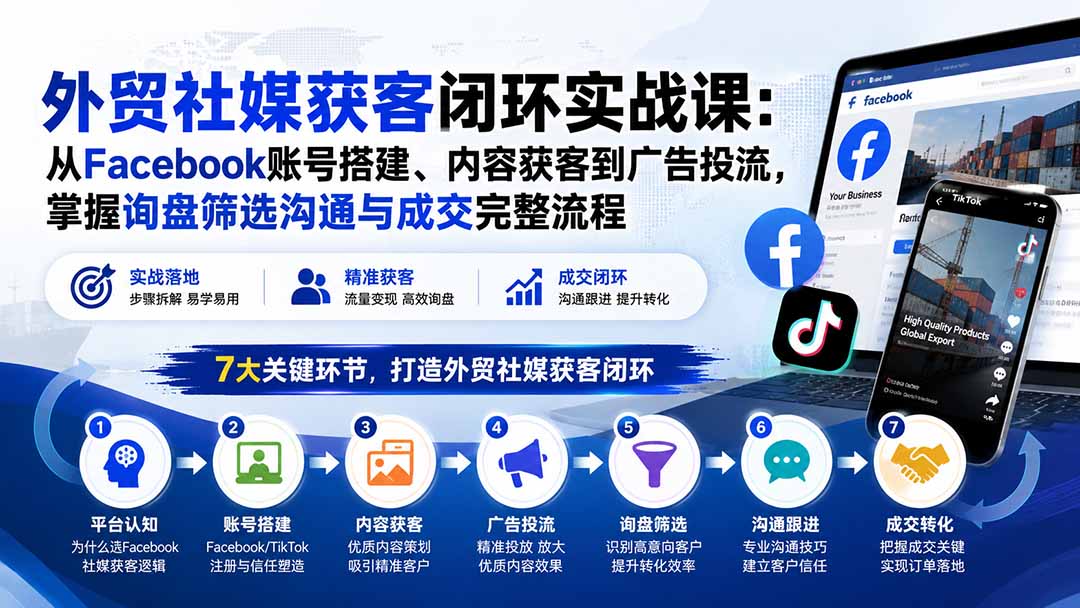 外贸社媒获客闭环实战课:从Facebook账号搭建、内容获客到广告投流,掌握询盘筛选沟通与成交完整流程-聚业