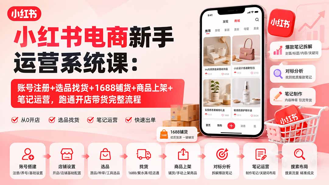 小红书电商新手运营系统课:账号注册+选品找货+1688铺货+商品上架+笔记运营,跑通开店带货完整流程-聚业