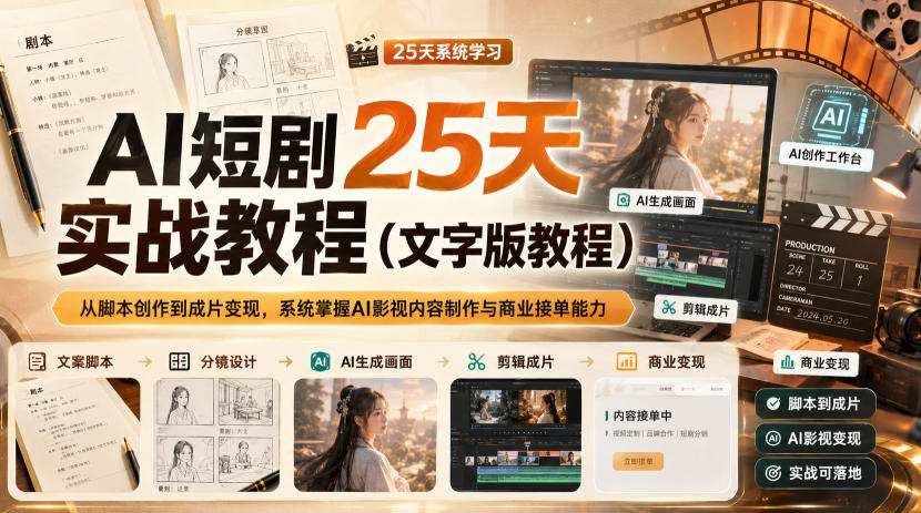 AI短剧25天实战教程(文字版教程),从脚本创作到成片变现,系统掌握AI影视内容制作与商业接单能力-聚业