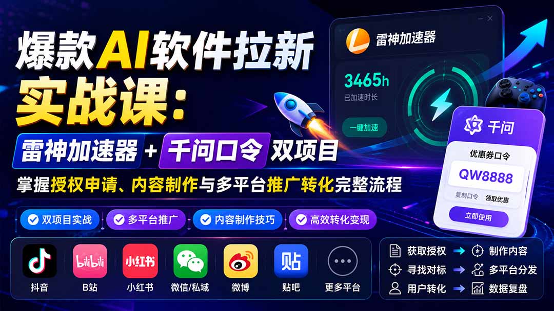 爆款AI软件拉新实战课:雷神加速器+千问口令双项目,掌握授权申请、内容制作与多平台推广转化完整流程-聚业