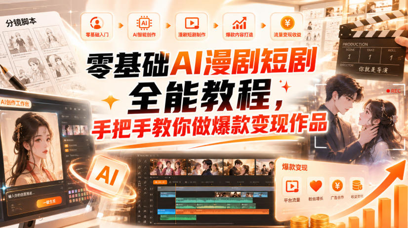 零基础AI漫剧短剧全能教程，从AI智能体搭建、文案脚本分镜、多平台AI生视频、剪映精修，覆盖全题材创作，手把手教你做爆款变现作品-聚业