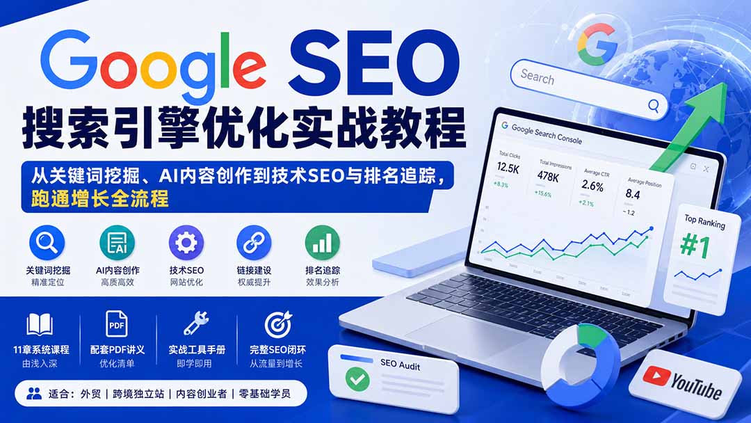 Google SEO搜索引擎优化实战教程：从关键词挖掘、AI内容创作到技术SEO与排名追踪，跑通增长全流程-聚业