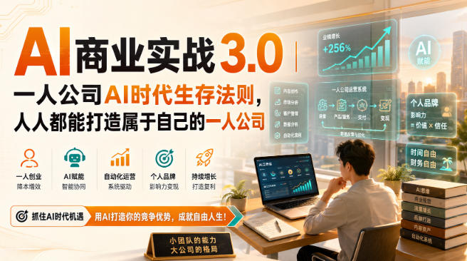 AI商业实战3.0｜一人公司AI时代生存法则，人人都能打造属于自己的一人公司-聚业