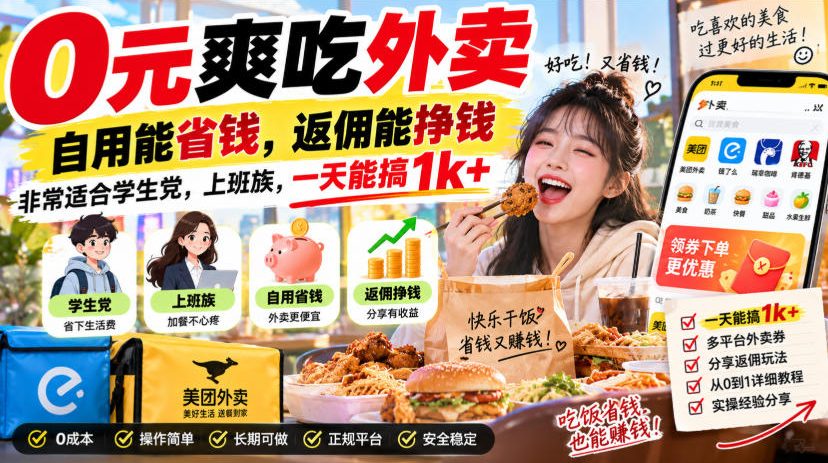 0元爽吃外卖，自用能省钱，返佣能挣钱，非常适合学生党，上班族，一天能搞1k+-聚业