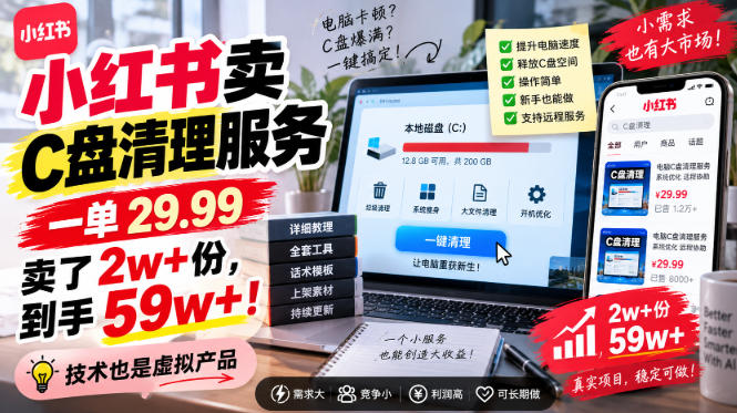 小红书卖C盘清理服务，一单29.99，卖了2w+份，技术也是虚拟产品-聚业