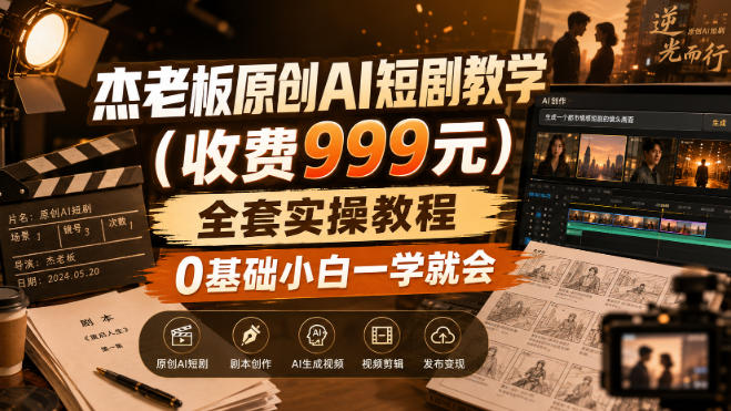 杰老板原创AI短剧教学(收费999元)，全套实操教程，0基础小白一学就会，非搬运技术-聚业