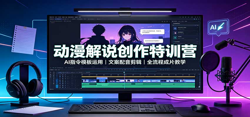 动漫解说创作特训营：AI指令模板运用，文案配音剪辑，全流程成片教学-聚业