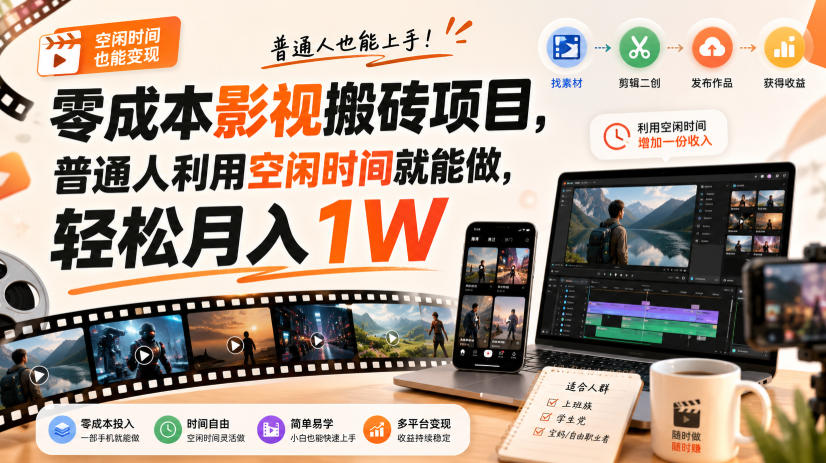 零门槛影视搬砖项目，月入万元，玩法稳定普通人可落地的长期副业！-聚业