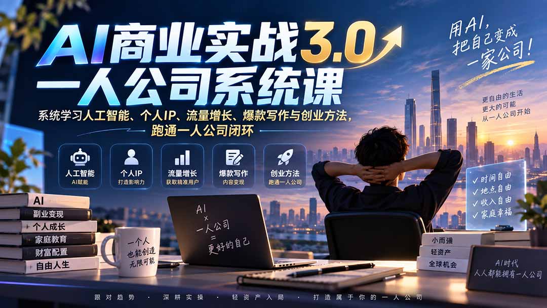 AI商业实战3.0一人公司系统课:系统学习人工智能、个人IP、流量增长、爆款写作与创业方法,跑通一人公司闭环-聚业