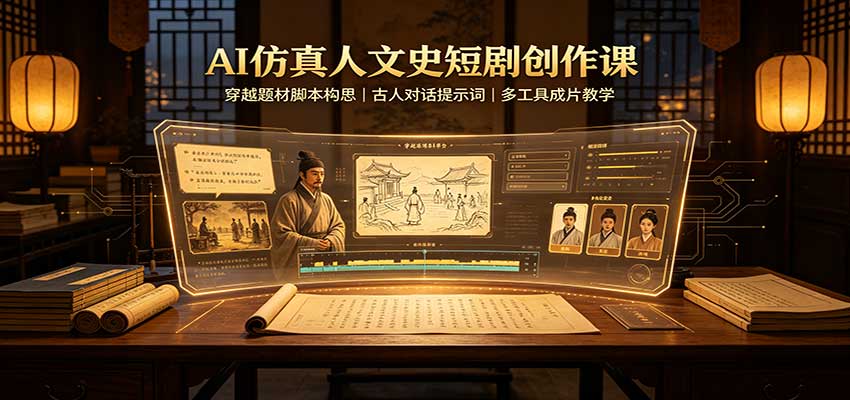 AI仿真人文史短剧创作课:穿越题材脚本构思,古人对话提示词,多工具成片教学-聚业