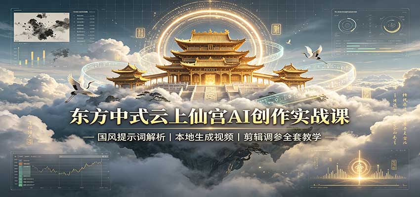 东方中式云上仙宫AI创作实战课:国风提示词解析,本地生成视频,剪辑调参全套教学-聚业