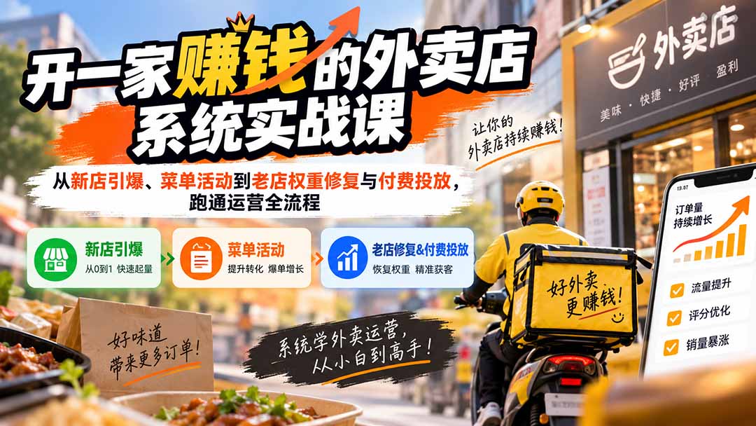 开一家赚钱的外卖店系统实战课:从新店引爆、菜单活动到老店权重修复与付费投放,跑通运营全流程-聚业
