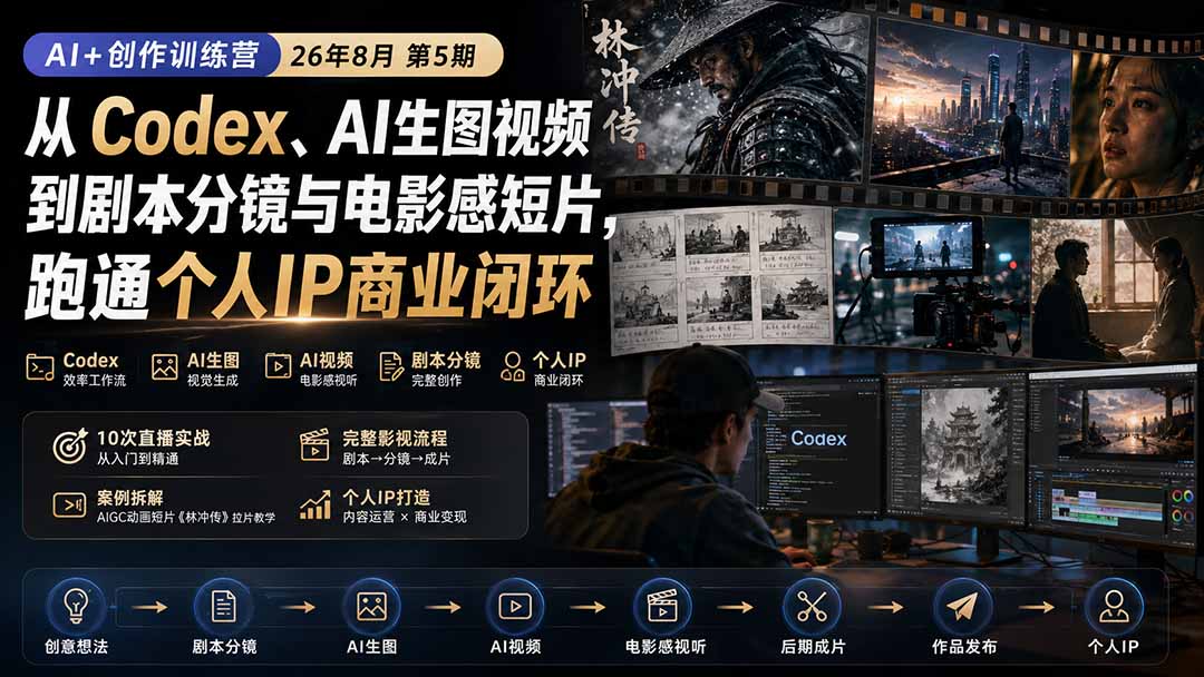 AI+创作训练营26年第5期-更新:从Codex、AI生图视频到剧本分镜与电影感短片,跑通个人IP商业闭环-聚业