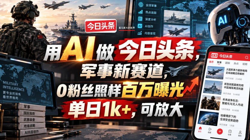 用AI做今日头条,军事新赛道,0粉丝照样百万曝光,单日1k+,可放大-聚业